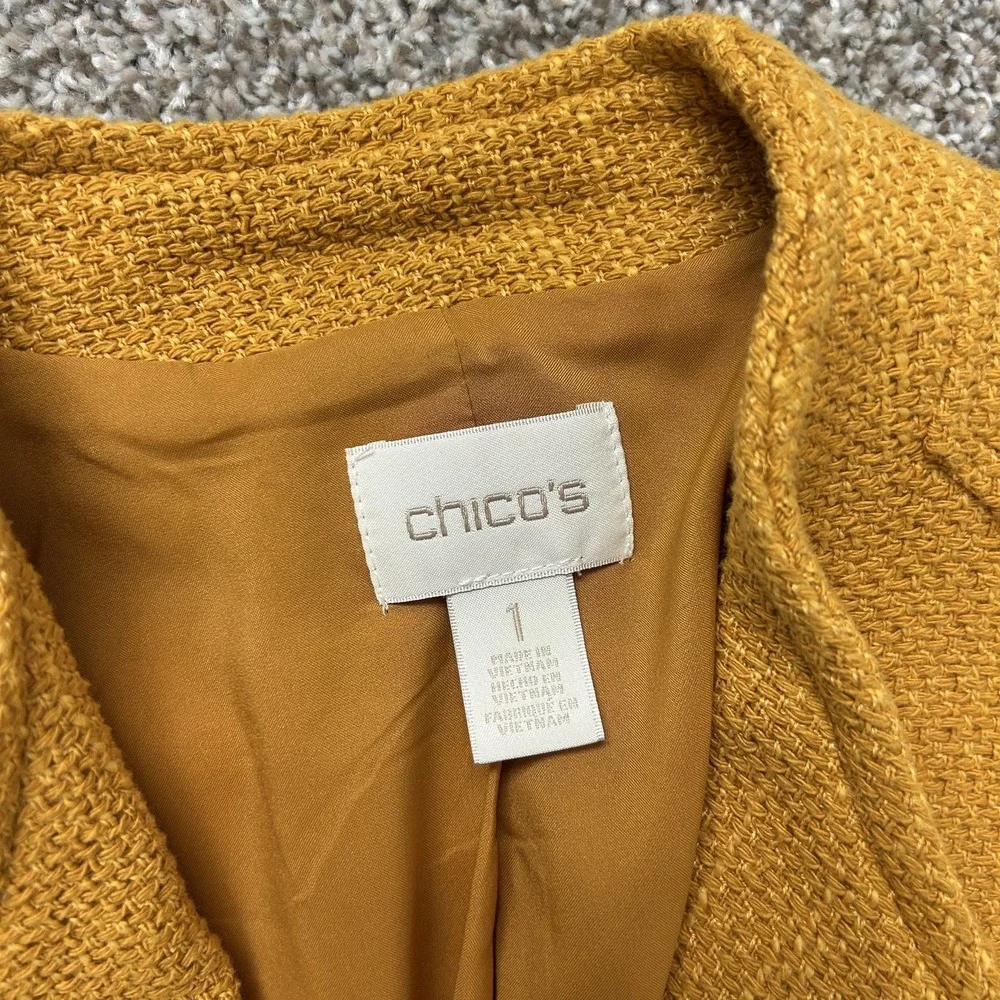 Chico's Coat Womens 1 Yellow Tweed Acrylic Collared Button Front Lined Pockets